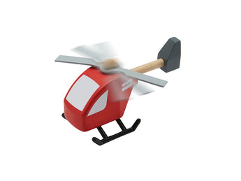 PlanToys Wooden Helicopter: Eco-friendly, red body, white windows, gray rotors—ideal for imaginative pretend play!.