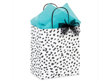 Load image into Gallery viewer, Zoolikins Gift Wrapping: White bag with black spots, turquoise tissue paper, and black bow—ideal for greeting card gifts.
