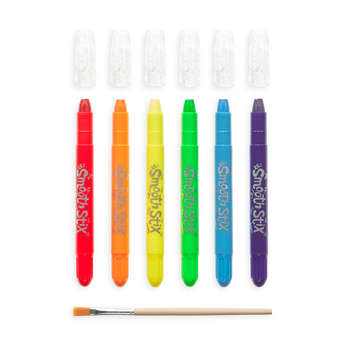 Vibrant marker set with white caps and a brush, ideal for creative fun. Perfectly pairs with OOLYs Smooth Stix Watercolor Gel Crayons.