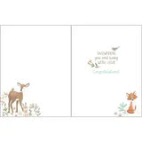 Baby Card, Forest Animals featuring a fawn, rabbit, and fox with the text: Showering you and baby with love.