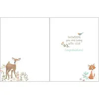 Baby Card, Forest Animals featuring a fawn, rabbit, and fox with the text: Showering you and baby with love.