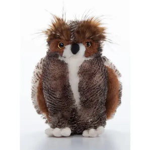 Wo Great Horned Owl: fluffy brown & white owl stuffed animal with brown feathers above eyes.