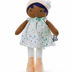 Janod Juratoys Tendresse, Manon K Doll Large, a cuddly plush doll with dark purple hair, a peach bonnet, and a white star-patterned dress.