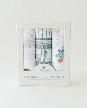Little Unicorn Cotton Swaddle Set, Bison: 3 breathable cotton muslin blankets with charming stripes and plant patterns.