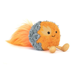 Jellycat Amuseables Space Comet: a plush toy with a fluffy orange tail, gray-orange body, smiley face & sparkly gold legs.