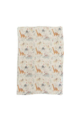 The LouLou Lollipop Muslin Swaddle, Baby Dinomite features giraffes, birds, and flowers on a light bamboo muslin fabric.