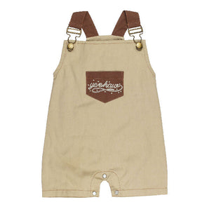 Western Overall: tan overalls with brown straps and brown pocket with "yeehaw" script design; made of 100% organic cotton.