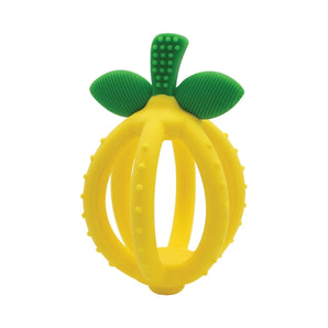 Itzy Ritzy Teething Ball, Lemon: lemon-shaped silicone teether with green leaves and textured grip for soothing babies.