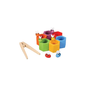 PlanToys Beehives with wooden bees and tweezers for sorting, boosting color recognition and fine motor skills.