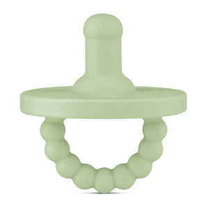 The Round Pacifier and Teether in Sage by Ryan & Rose is a medical-grade silicone toy with a round, textured handle and knobbed top.