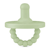 The Round Pacifier and Teether in Sage by Ryan & Rose is a medical-grade silicone toy with a round, textured handle and knobbed top.