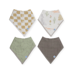 Little Unicorn Cotton Muslin/Fleece Bib 4 Pack in Adobe Checker: tan check, desert animals, green stripes, and solid brown teether.