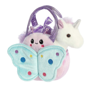 Aurora's Lil Butterfly Purse: a plush unicorn purse with a purple handle and a smiling, colorful butterfly on the front.