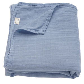 The Ali and Oli Bamboo Swaddle in Dream Blue is folded neatly with a white tag on one corner, set against a white background.
