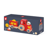 Pull Along Tractor: dark gray box with photo of tan & red wood tractor toy and accessories.