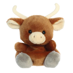 Aurora Palm Pals- Landon Longhorn: This brown plush bull with cream horns and gray hooves sits upright, your loyal companion.