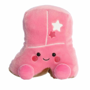 Palm Pals- Kate Cowgirl Boot 8" by Aurora is a cute pink plush boot with a smile, rosy cheeks, and stars—perfect for plush fans!.