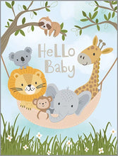 Load image into Gallery viewer, Gina B Designs Baby Card, Animal Hammock, features cute animals under a tree with Hello Baby text—ideal for a playful greeting!.
