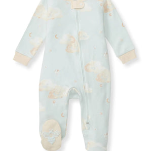Burt's Bees Baby Organic Cotton Sleep & Play in Ice Flow: soft blue PJs with cloud/moon print, zipper, beige cuffs & neckline.