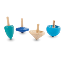 Load image into Gallery viewer, Four colorful PlanToys Spinning Tops, sustainably made, displayed in a line against a white background.
