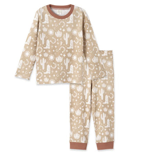 Tesa Babes Wild West Brown PJs: beige cowboy set with hypoallergenic bamboo cotton, white cacti/lasso patterns, and brown trim.