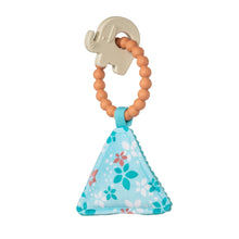 Load image into Gallery viewer, Mary Meyers Soft Squeaker, Elephant: A non-toxic, food-grade silicone teething ring with bead circle, beige elephant charm &amp; blue floral cloth.
