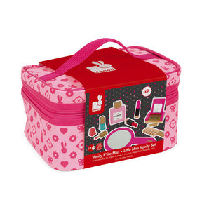 Janod Juratoys Vanity Case features a floral pattern, magenta zipper and handle, perfect for role play with faux cosmetics inside.