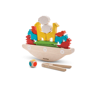 PlanToys Balancing Boat toy develops hand-eye coordination and fine motor skills with colorful animals, a die, and wooden pincers.