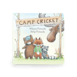 Cover of Camp Cricket Board Book: Where Friends Help Friends with woodland critters illustration.
