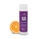 Vita C After Swim Conditioner, a chlorine neutralizer, is shown beside a sliced orange on a white background.