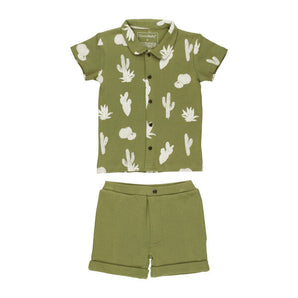 Lovedbabys Sage Cactus set: organic, eco-dyed green short-sleeve shirt & matching shorts with white cactus print.