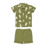 Lovedbabys Sage Cactus set: organic, eco-dyed green short-sleeve shirt & matching shorts with white cactus print.