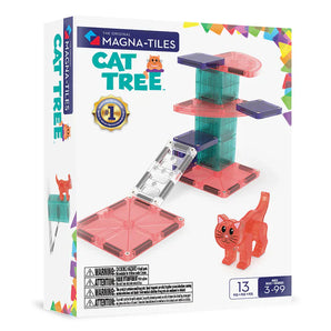 Magna-Tiles Cat Tree: white box with photo of blue & pink cat tree magnetic tile toys; text "The Original Magna-Tiles Cat Tree."