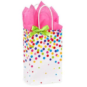 Gift wrapping by Zoolikins | Childrens Boutique features multicolored dots, a green bow, and pink tissue paper—ideal for cheerful cards.