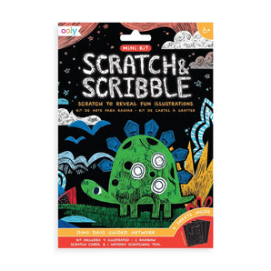 Mini Scratch & Scribble, Dino: box with dinosaur illustration; text "ooly Mini Kit Scratch & Scribble: Scratch to Reveal Fun Illustrations."