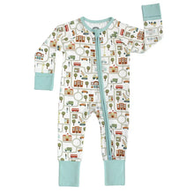Load image into Gallery viewer, Emerson and Friends Lets Go Sleeper: white onesie with green cuffs, car/tree pattern, soft fabric, two-way zipper.
