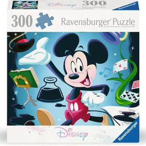 300 Piece Puzzle, Mickey: white box with colorful cartoon character illustration; text "300 Ravensburger Puzzle" with Disney logo.