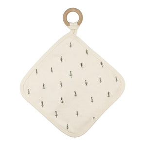 Organic Lovey, Buttercream Tree: cream square lovey with tree pattern attached to wooden ring.