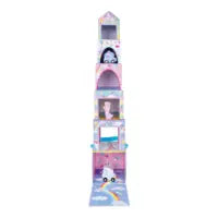 Load image into Gallery viewer, Tall, colorful Floss and Rock shelving unit with rainbow design, perfect for Stack and Play adventures.
