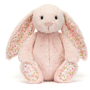 Jellycat Blossom Bunny Cherry: pink plush bunny with floral ears and feet, sitting upright and facing forward.