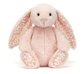 Jellycat Blossom Bunny Cherry: pink plush bunny with floral ears and feet, sitting upright and facing forward.