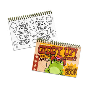 Giddy Up! Cowboy Coloring Book: spiral bound coloring book with frog in a cowboy hat on the cover; inside page with two ducks in hats.
