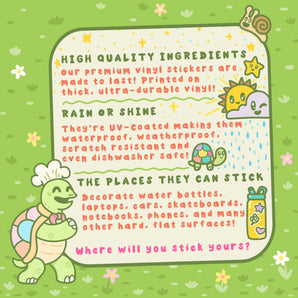 Turtle Soups Vinyl Sticker, Football design offers durable, UV-coated, scratch-resistant vinyl. Cute turtle chef with caterpillar & snail!.
