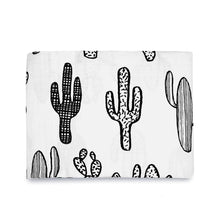 Load image into Gallery viewer, Modern Burlaps Organic Swaddle, Cactus: Black &amp; white GOTS certified cotton blanket with hand-drawn cactus illustrations.
