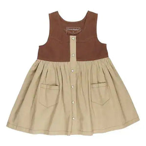 Western Dress: sleeveless button down western style dress with brown top and tan skirt with two pockets; made of 100% organic cotton.
