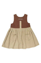 Load image into Gallery viewer, Western Dress: sleeveless button down western style dress with brown top and tan skirt with two pockets; made of 100% organic cotton.
