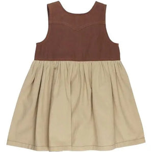 Back of Western Dress: sleeveless western style dress with brown top and tan skirt; made of 100% organic cotton.