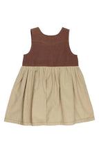 Load image into Gallery viewer, Back of Western Dress: sleeveless western style dress with brown top and tan skirt; made of 100% organic cotton.
