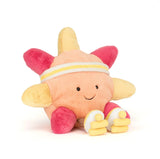The Jellycat Amuseables Sun Roller Skates plush smiles brightly, wearing a headband and skates on a white background.