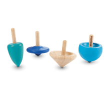Load image into Gallery viewer, Four vibrant PlanToys wooden Spinning Tops in diverse shapes and sizes on a black background, sustainably crafted.
